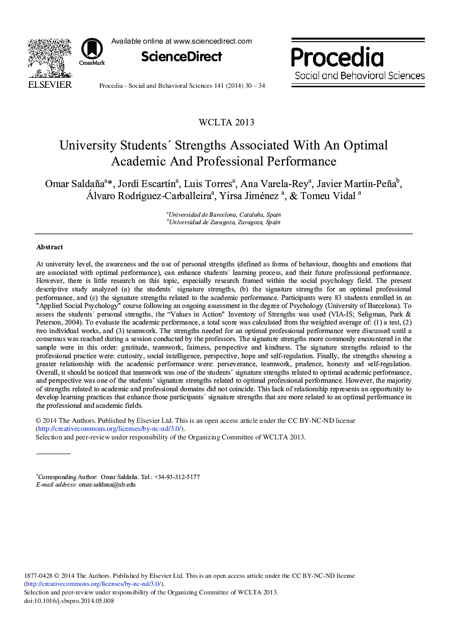 University Students’ Strengths Associated with an Optimal Academic and Professional Performance 