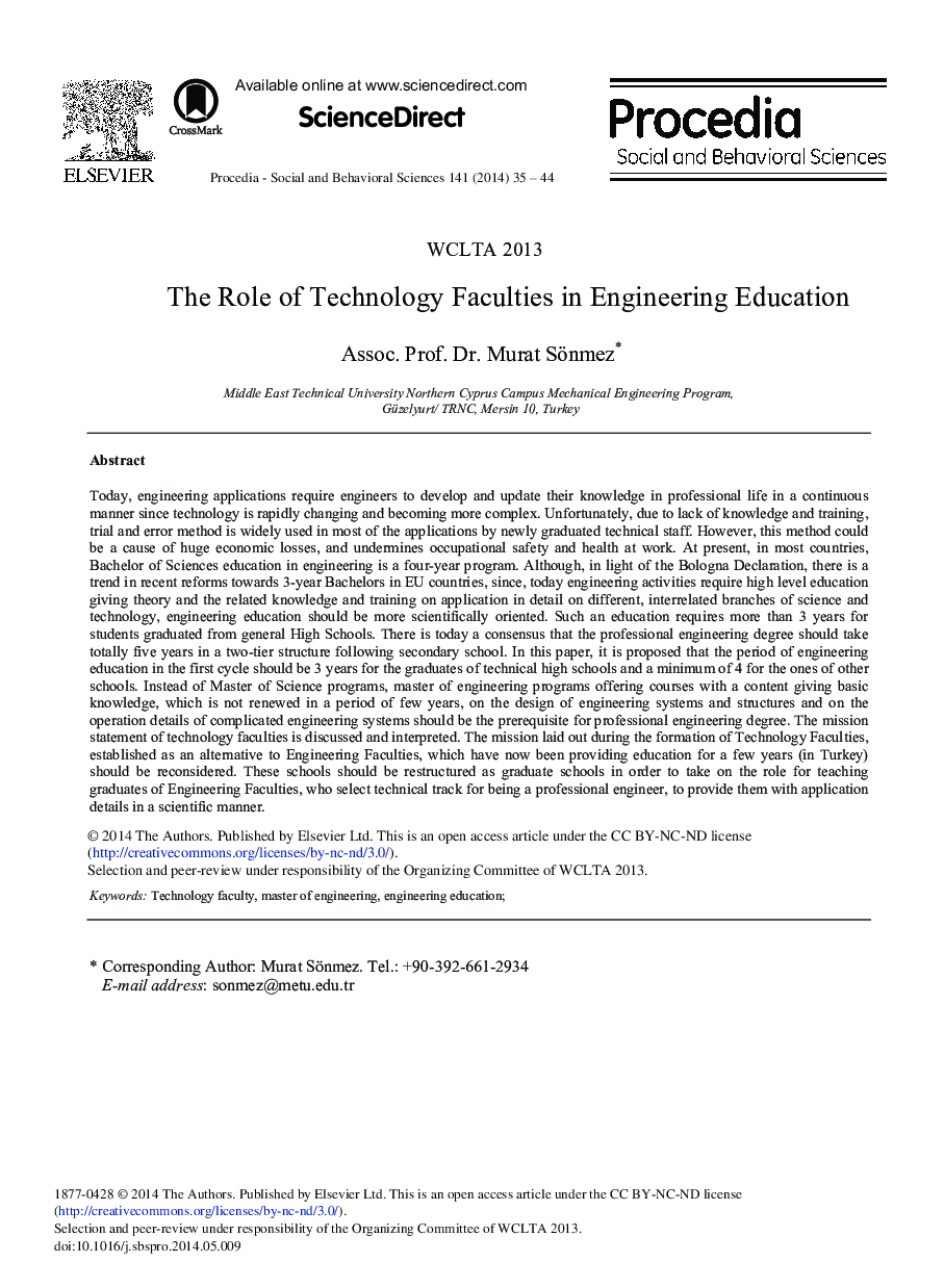 The Role of Technology Faculties in Engineering Education 