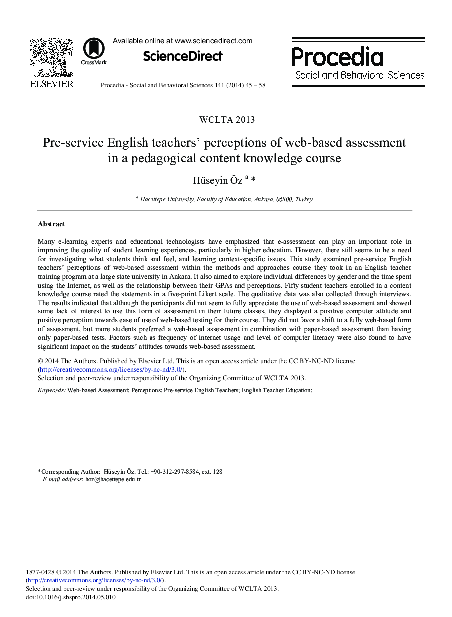 Pre-service English Teachers’ Perceptions of Web-based Assessment in a Pedagogical Content Knowledge Course 