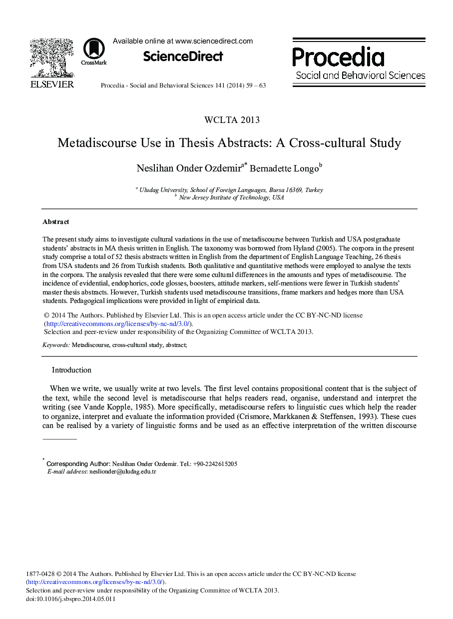 Metadiscourse Use in Thesis Abstracts: A Cross-cultural Study 