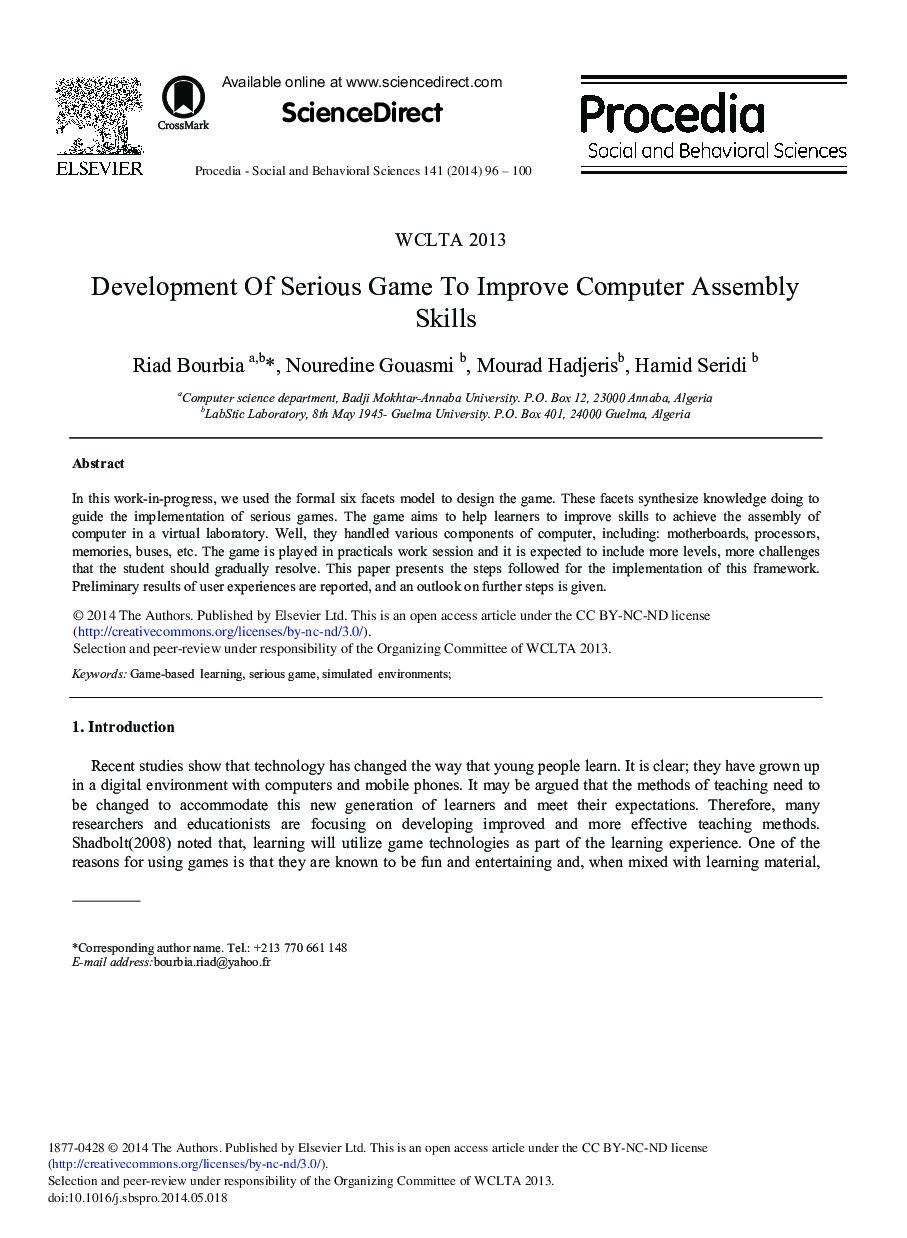 Development of Serious Game to Improve Computer Assembly Skills 