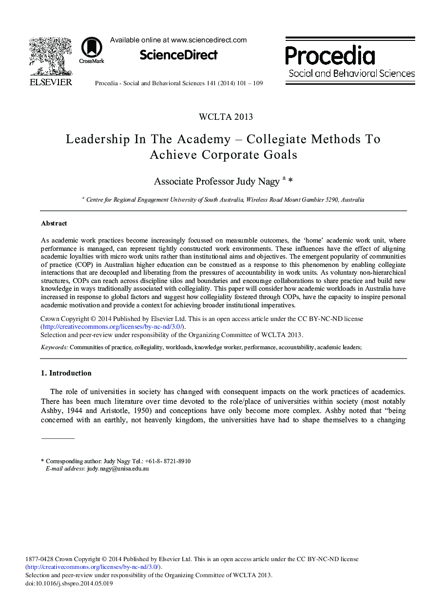 Leadership in the Academy – Collegiate Methods to Achieve Corporate Goals 