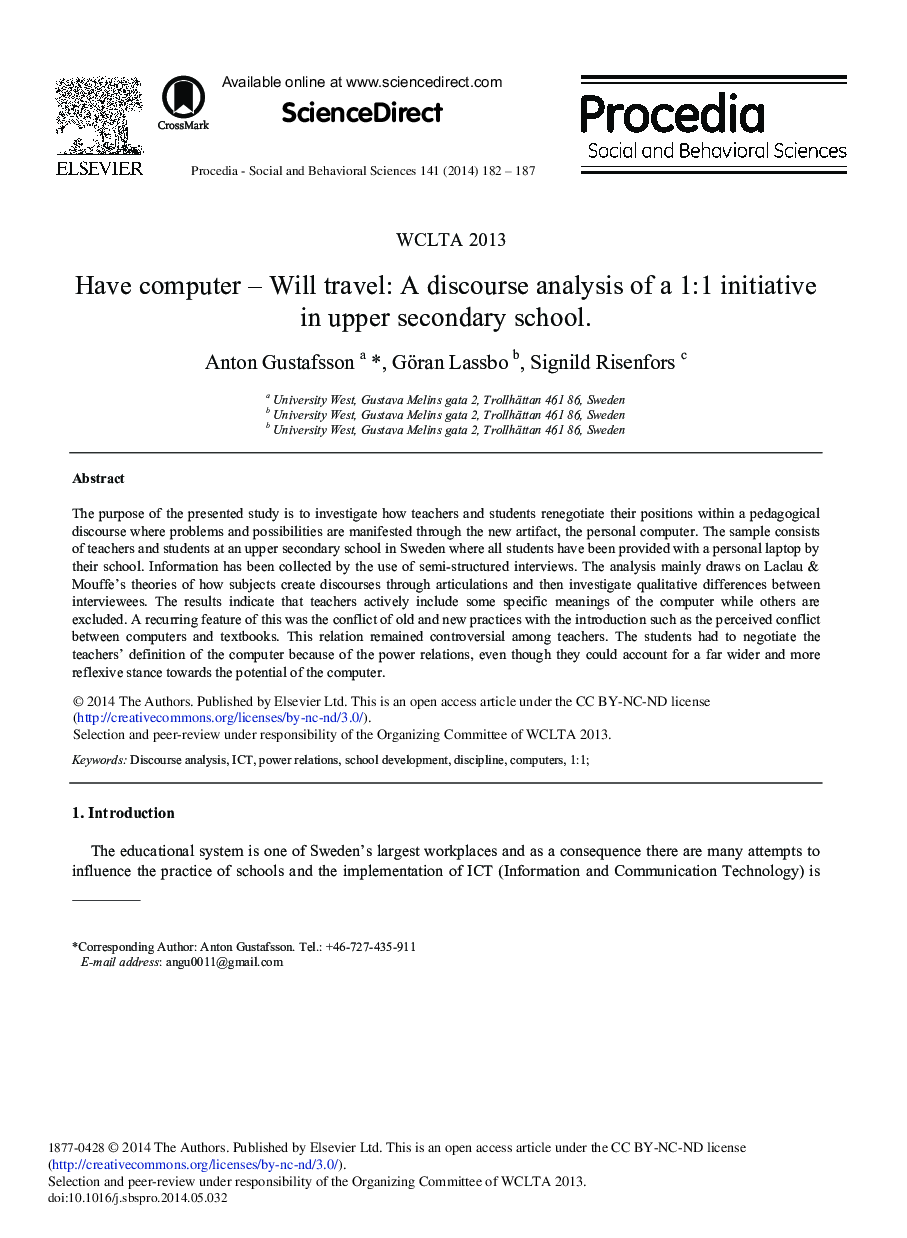 Have Computer – Will Travel: A Discourse Analysis of a 1:1 Initiative in Upper Secondary School. 