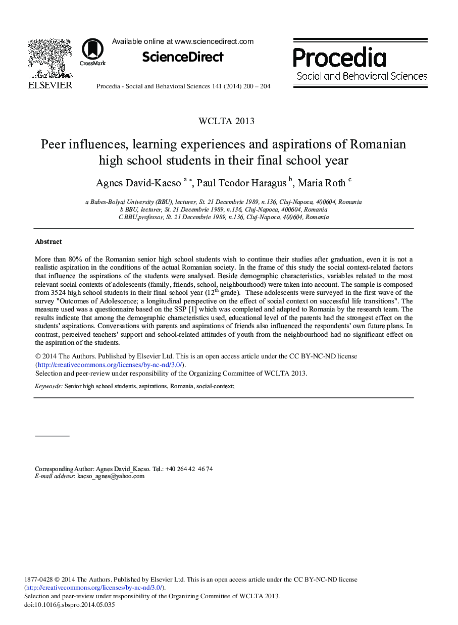 Peer Influences, Learning Experiences and Aspirations of Romanian High School Students in their Final School Year 