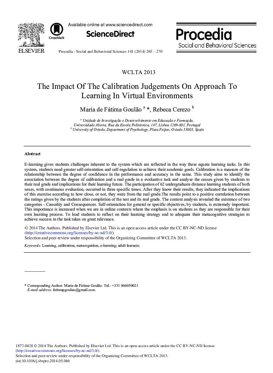 The Impact of the Calibration Judgements on Approach to Learning in Virtual Environments 