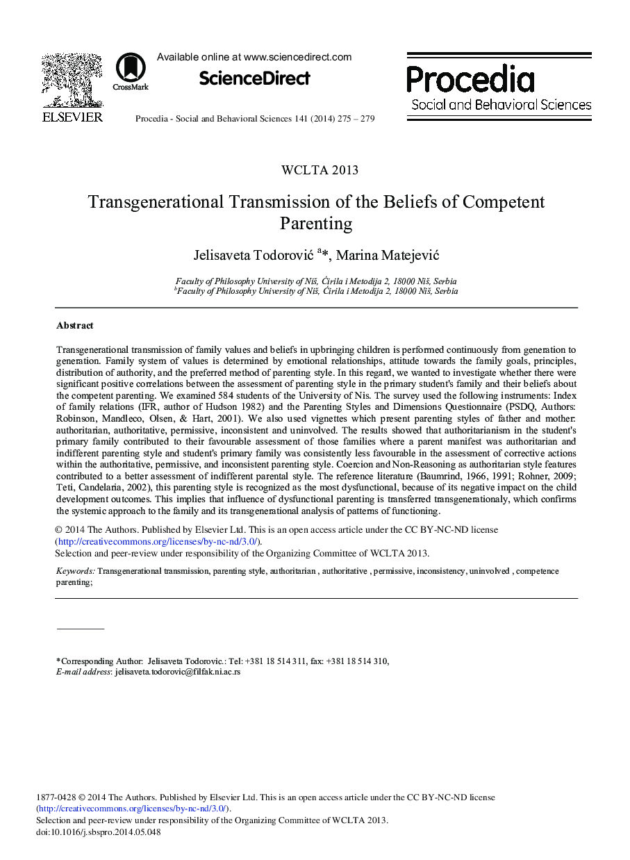 Transgenerational Transmission of the Beliefs of Competent Parenting 