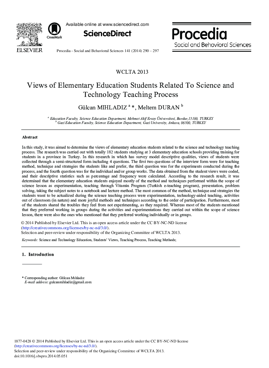 Views of Elementary Education Students Related to Science and Technology Teaching Process 