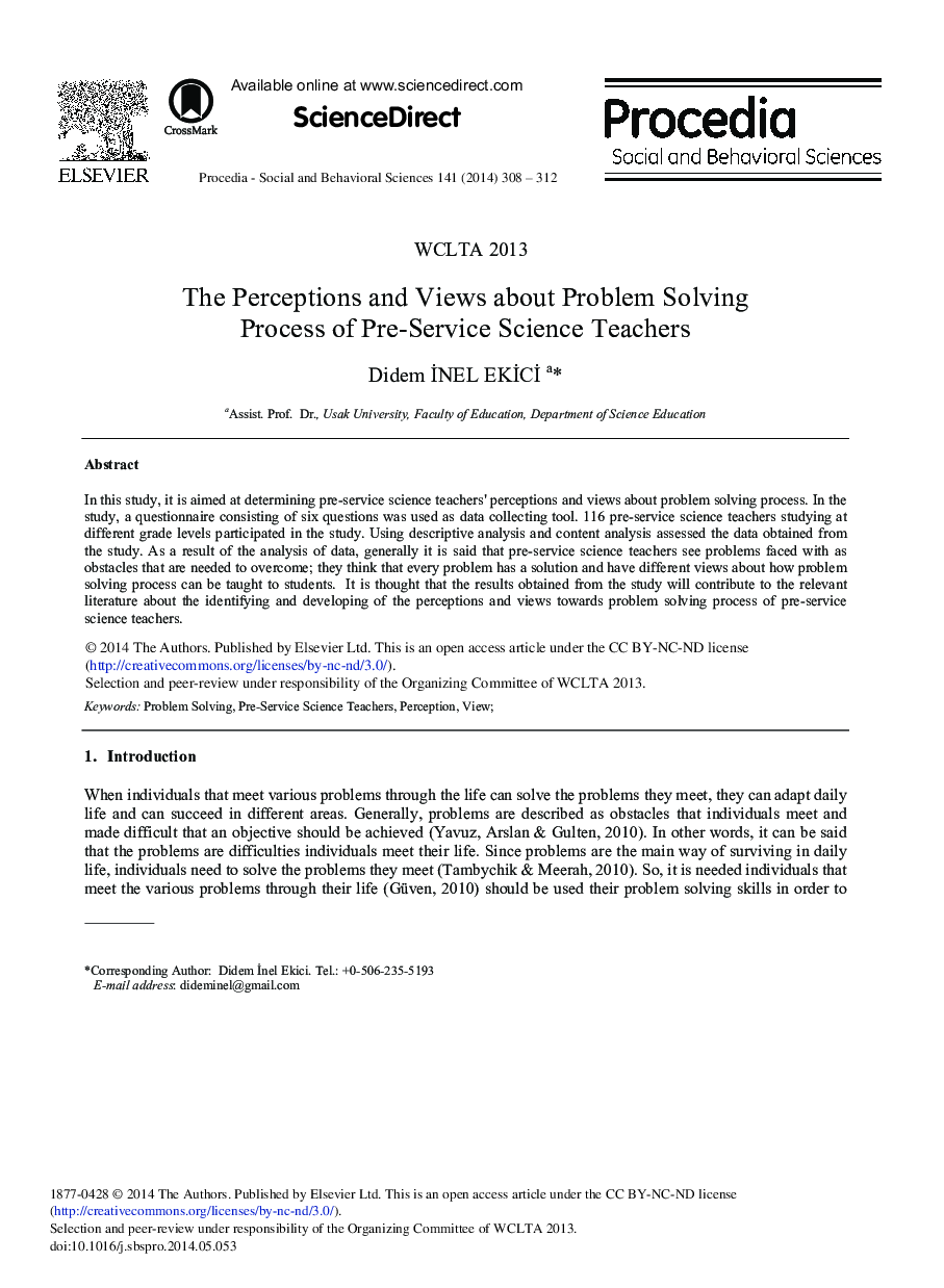 The Perceptions and Views about Problem Solving Process of Pre-service Science Teachers 