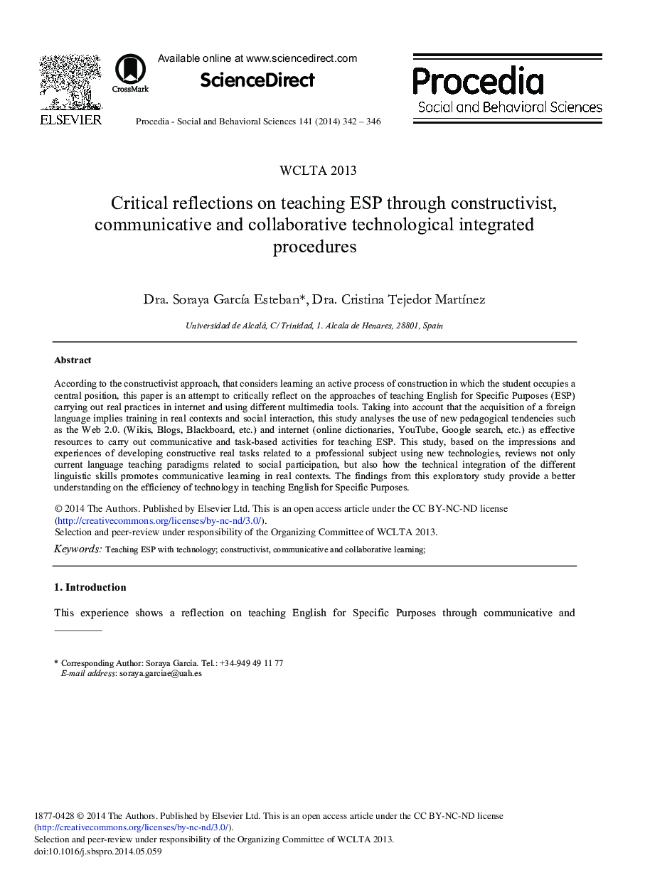 Critical Reflections on Teaching ESP through Constructivist, Communicative and Collaborative Technological Integrated Procedures 