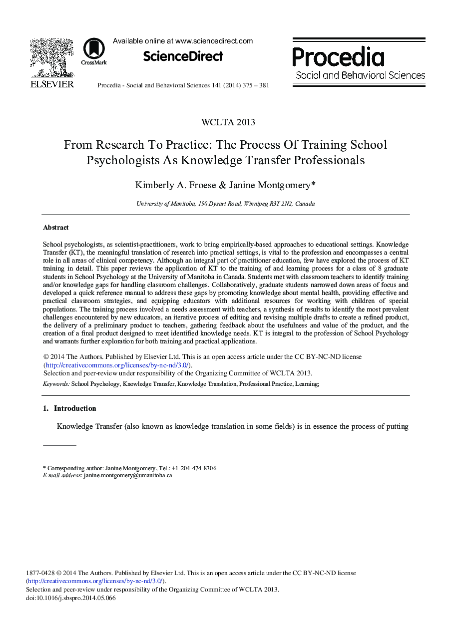 From Research to Practice: The Process of Training School Psychologists as Knowledge Transfer Professionals 