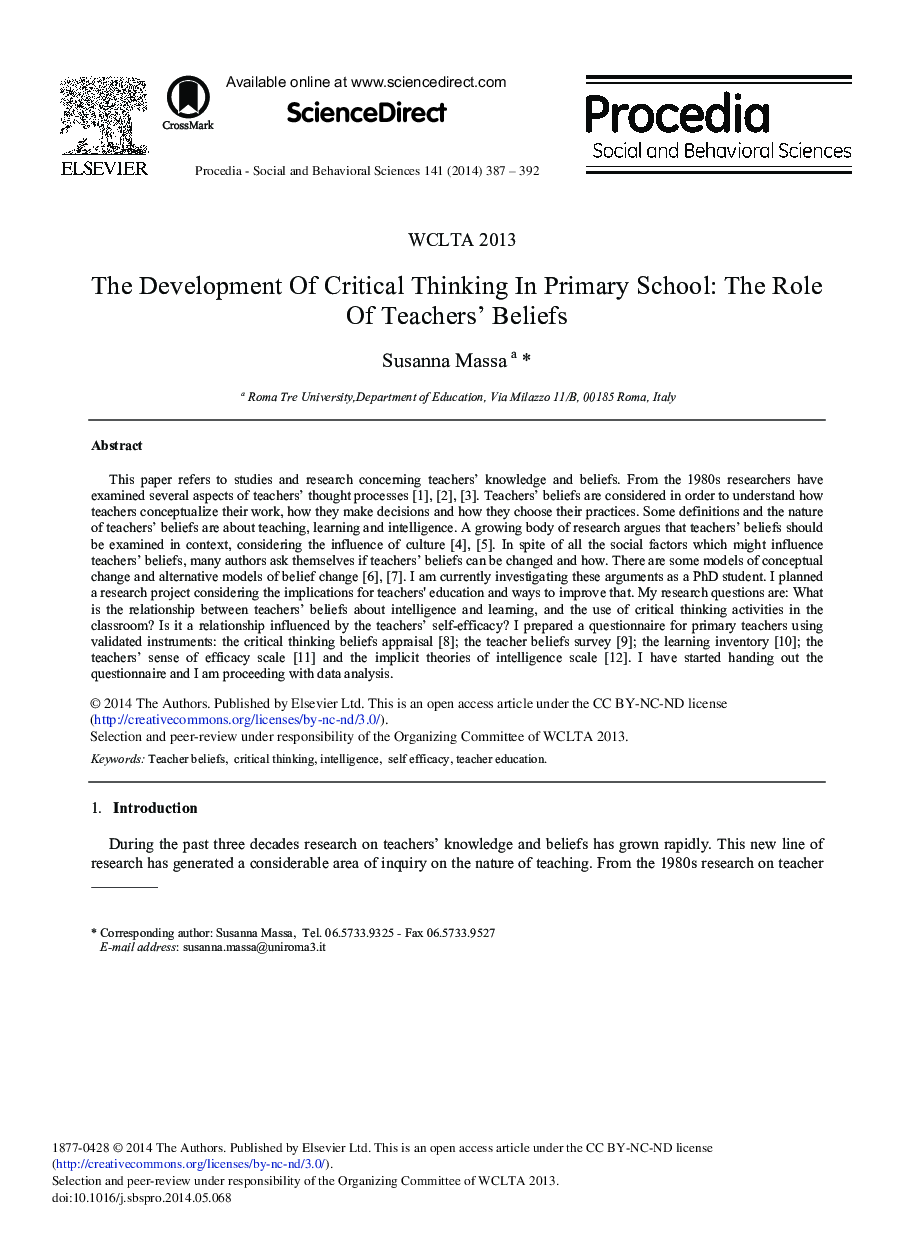 The Development of Critical Thinking in Primary School: The Role of Teachers’ Beliefs 