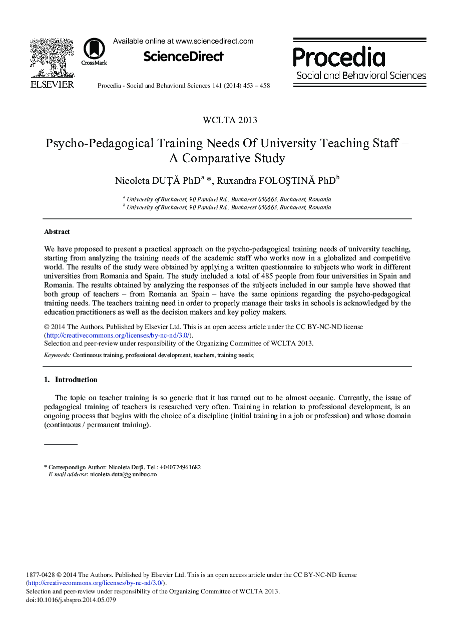 Psycho-pedagogical Training Needs of University Teaching Staff – A Comparative Study 