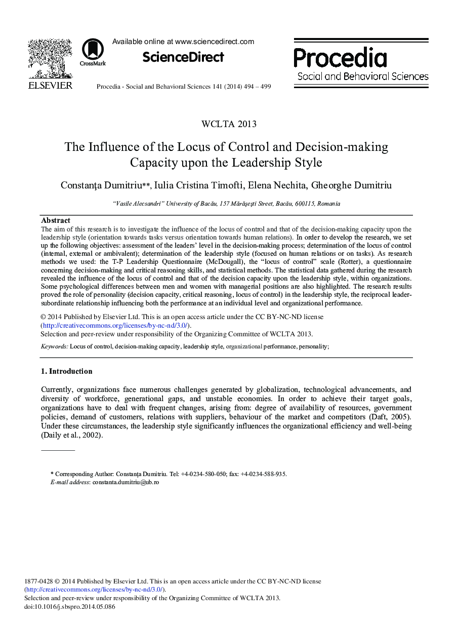 The Influence of the Locus of Control and Decision-making Capacity upon the Leadership Style 