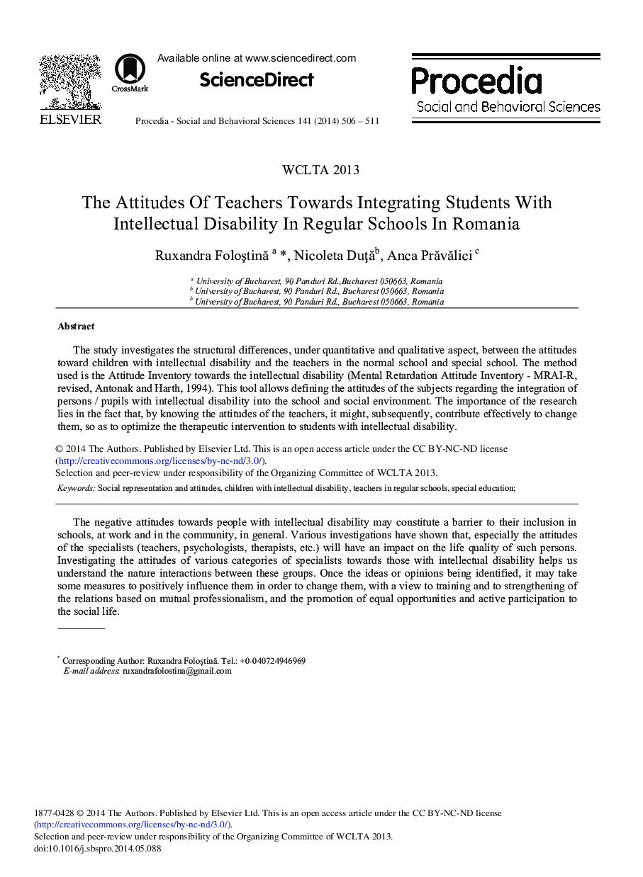 The Attitudes of Teachers Towards Integrating Students with Intellectual Disability in Regular Schools in Romania 