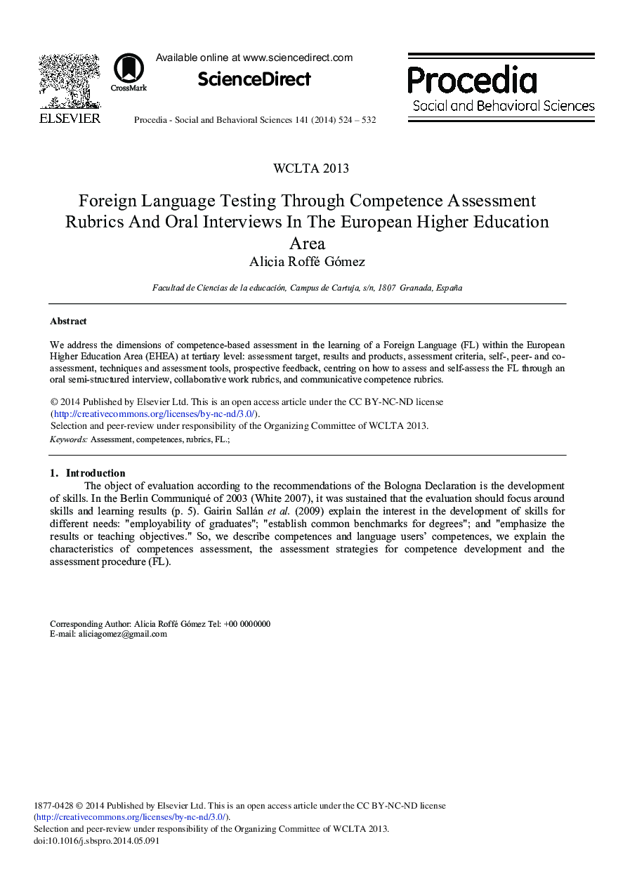 Foreign Language Testing through Competence Assessment Rubrics and Oral Interviews in the European Higher Education Area 