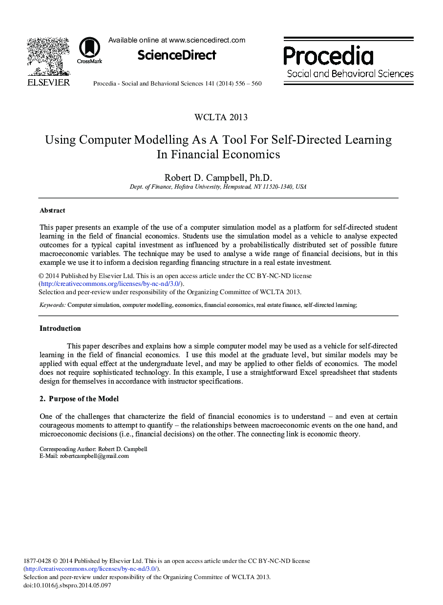 Using Computer Modelling as a Tool for Self-directed Learning in Financial Economics 