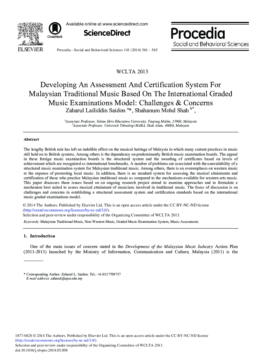 Developing an Assessment and Certification System for Malaysian Traditional Music Based on the International Graded Music Examinations Model: Challenges & Concerns 