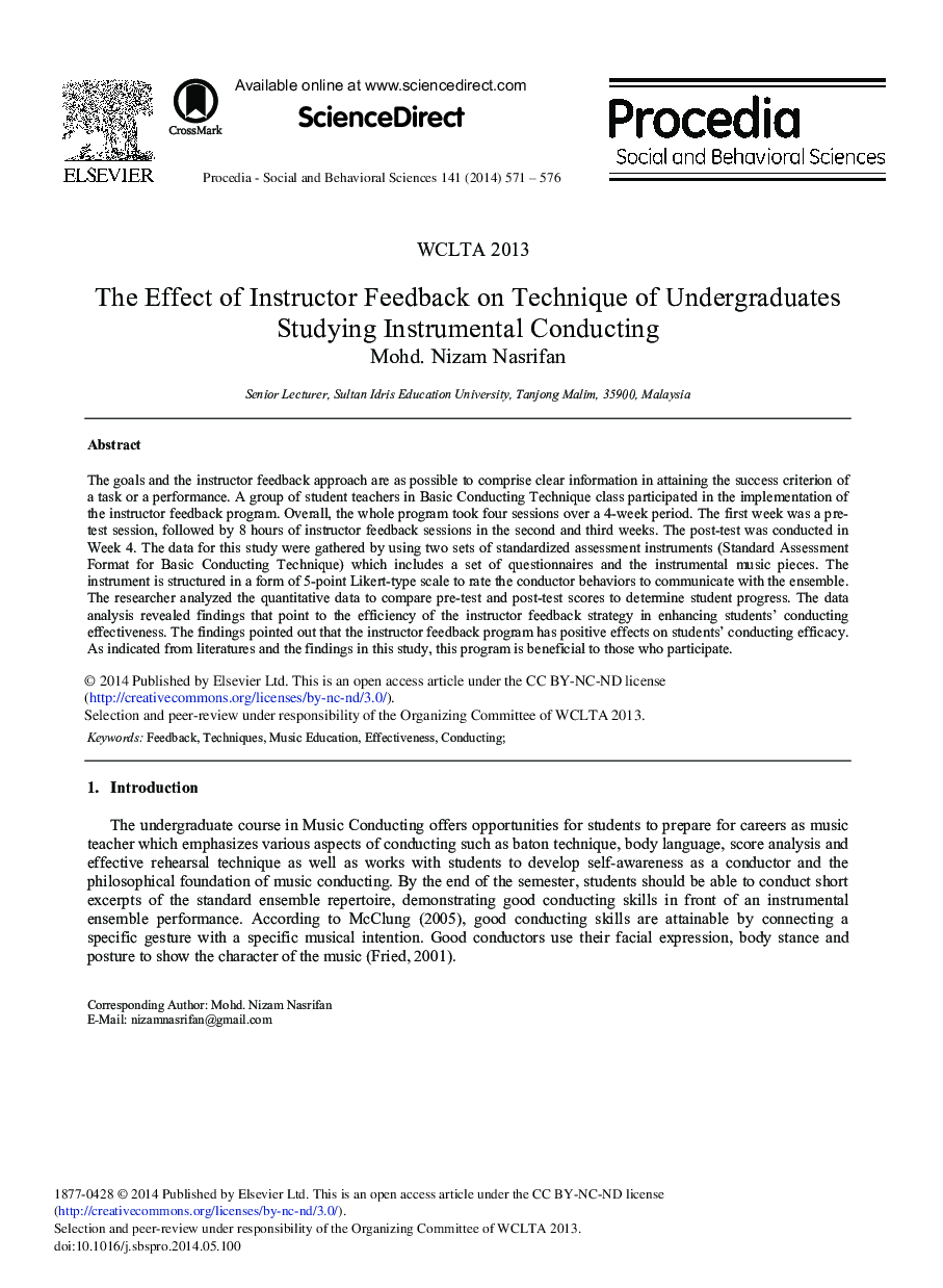 The Effect of Instructor Feedback on Technique of Undergraduates Studying Instrumental Conducting 