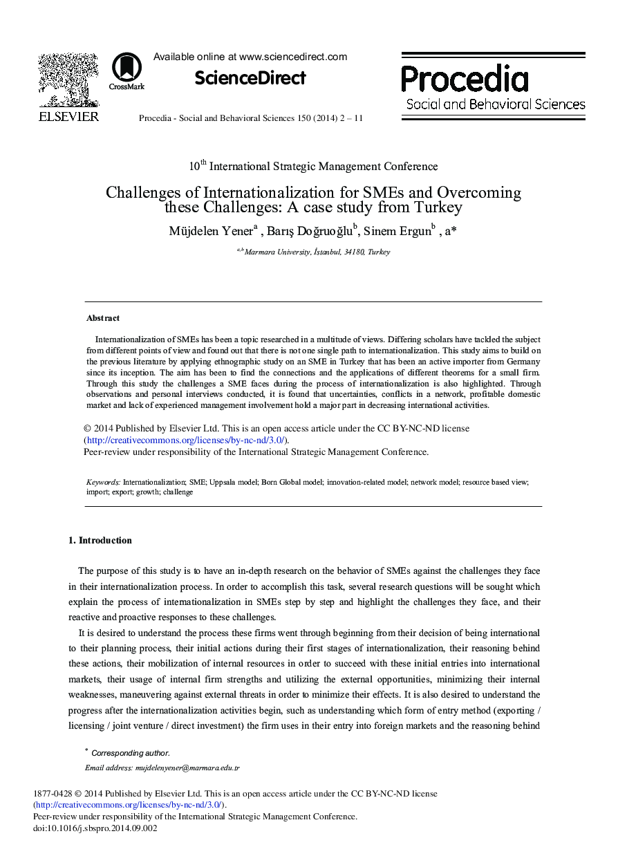 Challenges of Internationalization for SMEs and Overcoming these Challenges: A Case Study from Turkey 