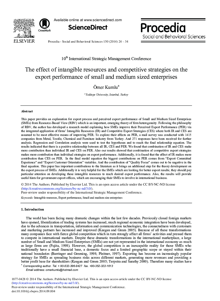 The Effect of Intangible Resources and Competitive Strategies on the Export Performance of Small and Medium Sized Enterprises 