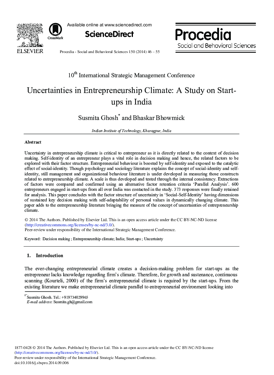 Uncertainties in Entrepreneurship Climate: A Study on Start-ups in India 