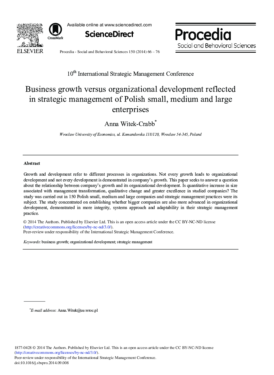 Business Growth Versus Organizational Development Reflected in Strategic Management of Polish Small, Medium and Large Enterprises 