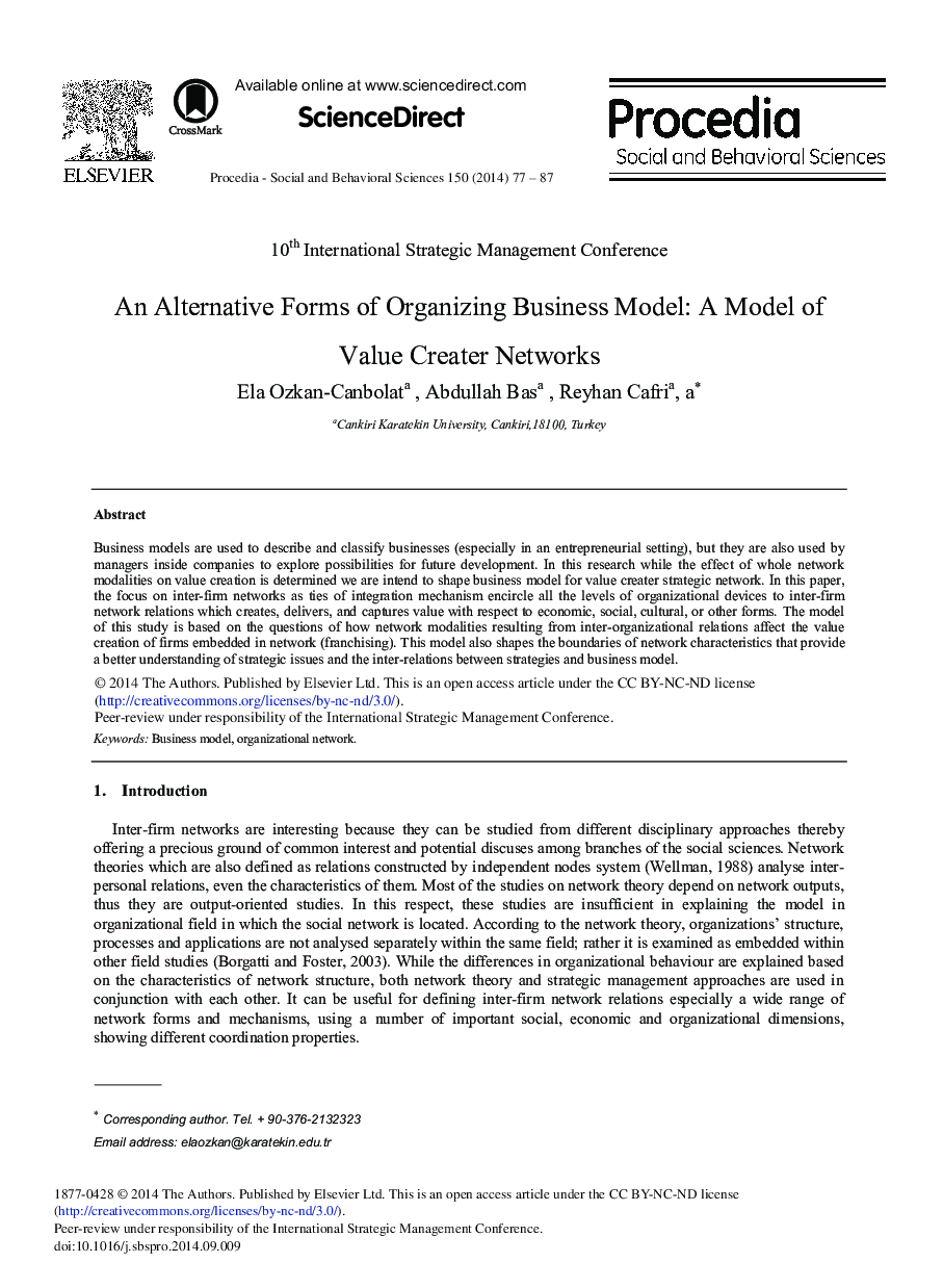 An Alternative Forms of Organizing Business Model: A Model of Value Creater Networks 