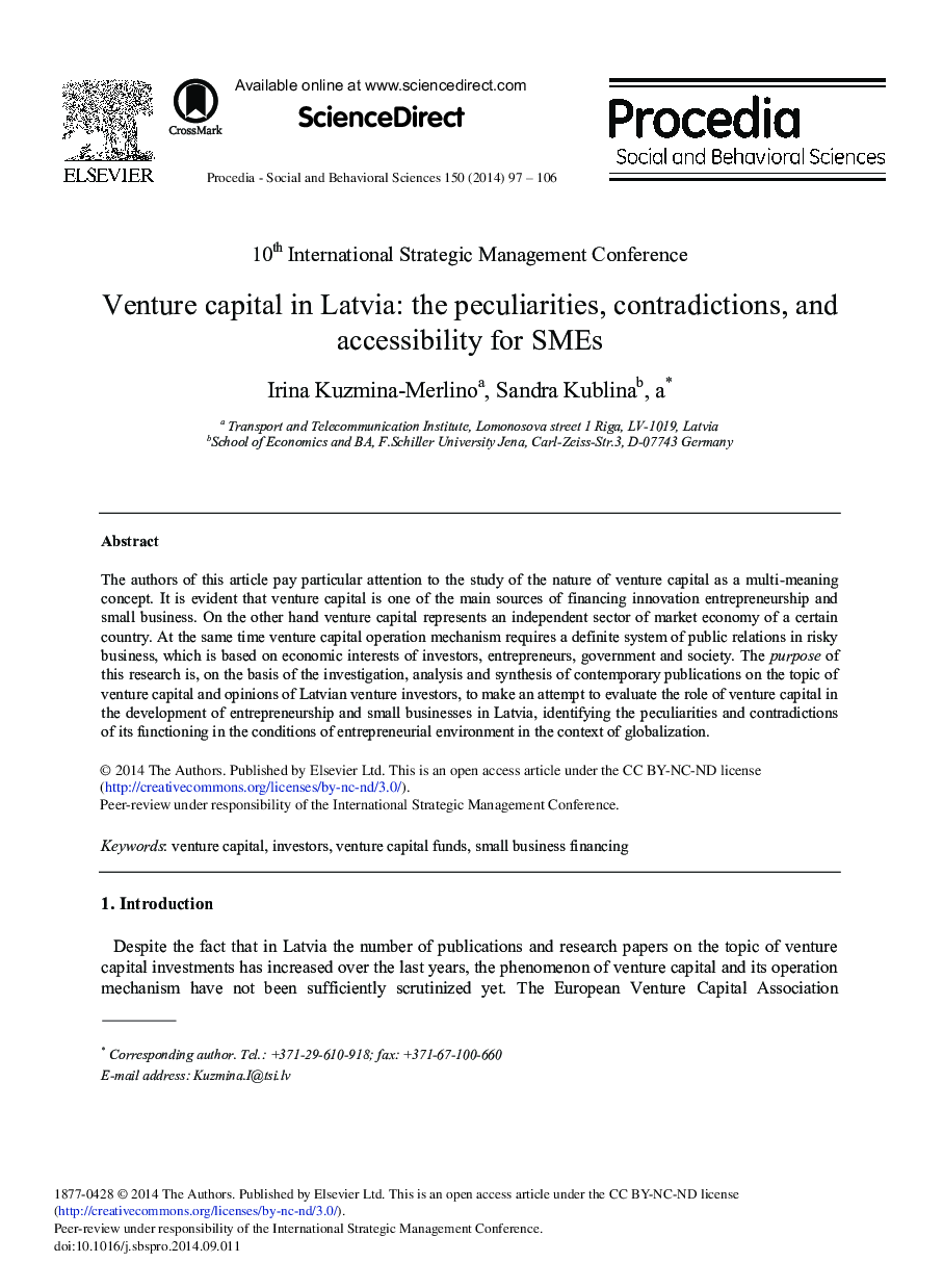 Venture Capital in Latvia: The Peculiarities, Contradictions, and Accessibility for SMEs 