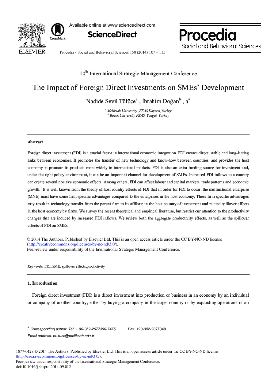 The Impact of Foreign Direct Investments on SMEs’ Development 