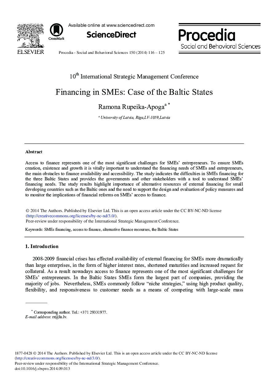 Financing in SMEs: Case of the Baltic States 