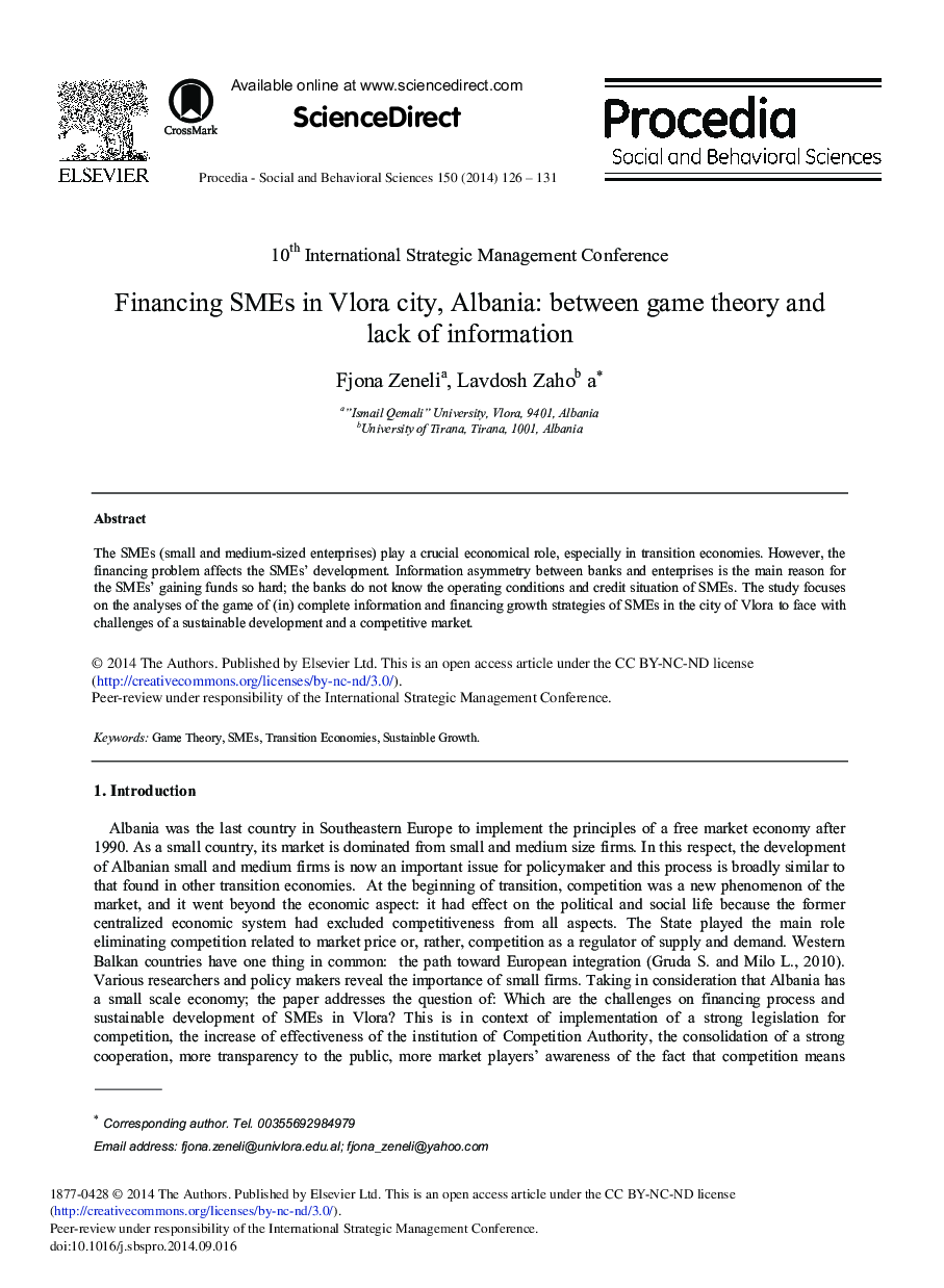 Financing SMEs in Vlora City, Albania: between Game Theory and Lack of Information 