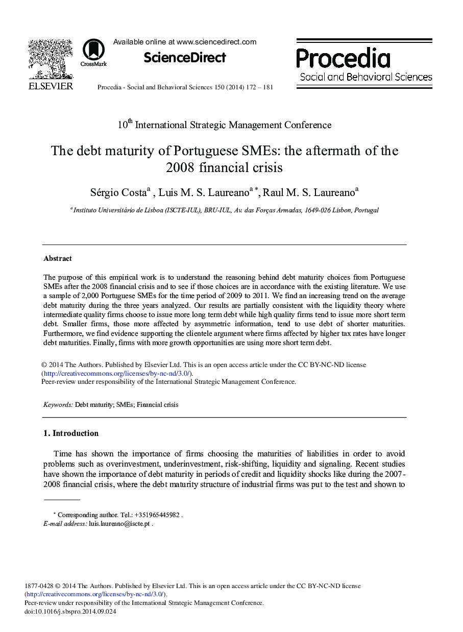 The Debt Maturity of Portuguese SMEs: The Aftermath of the 2008 Financial Crisis 