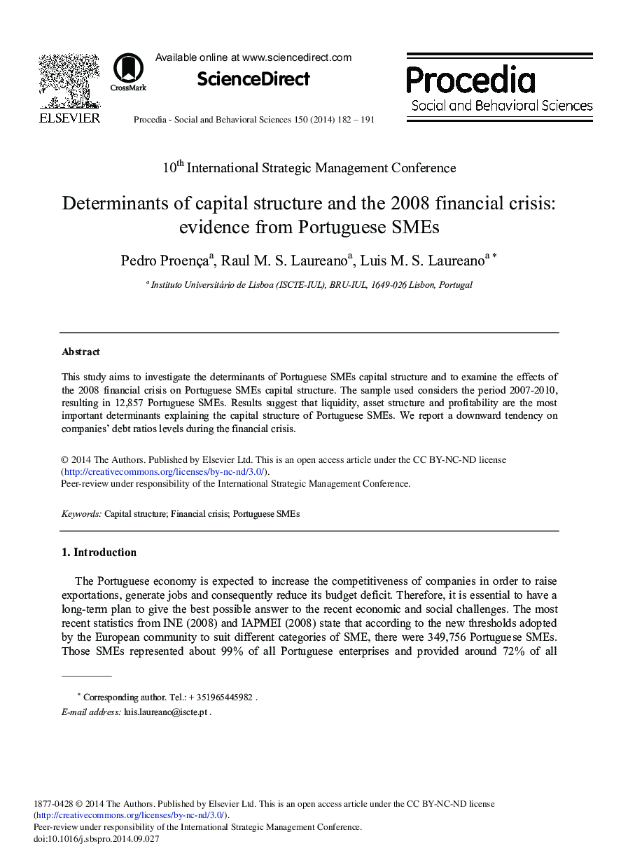 Determinants of Capital Structure and the 2008 Financial Crisis: Evidence from Portuguese SMEs 