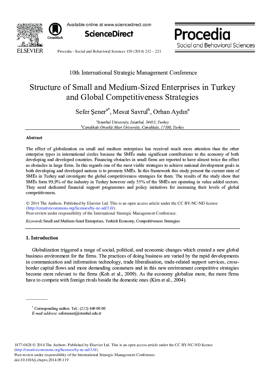 Structure of Small and Medium-Sized Enterprises in Turkey and Global Competitiveness Strategies 