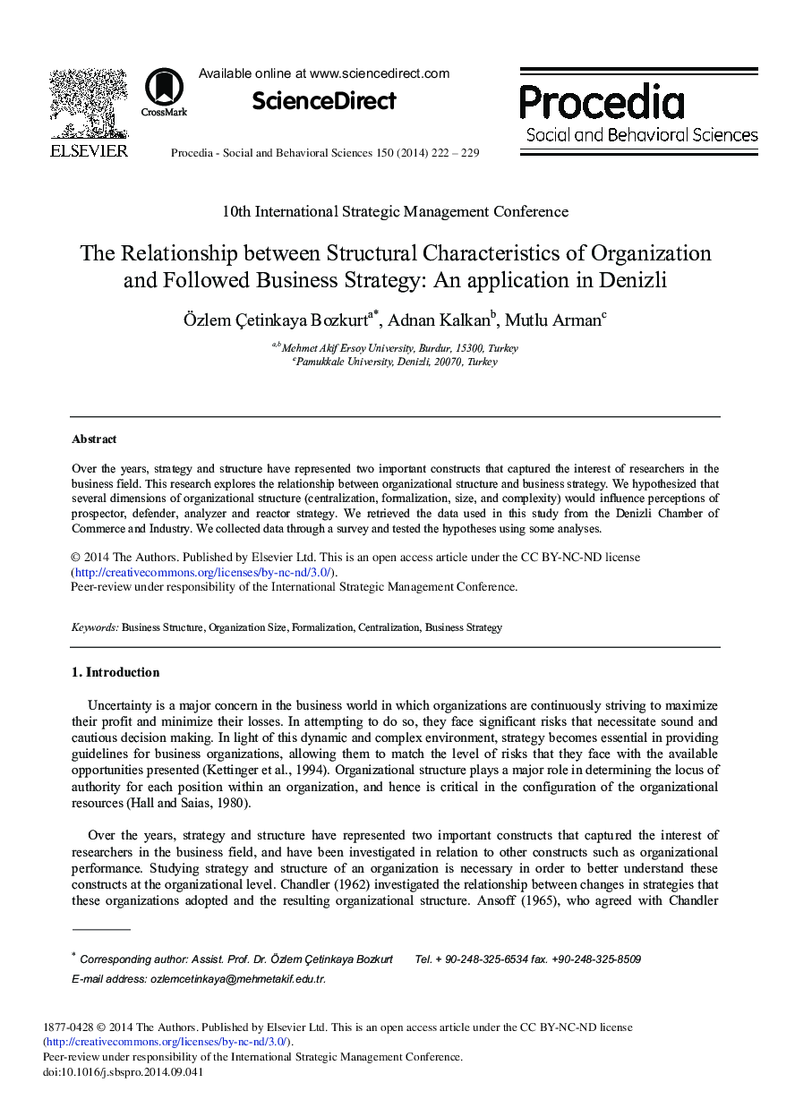 The Relationship Between Structural Characteristics of Organization and Followed Business Strategy: An Application in Denizli 