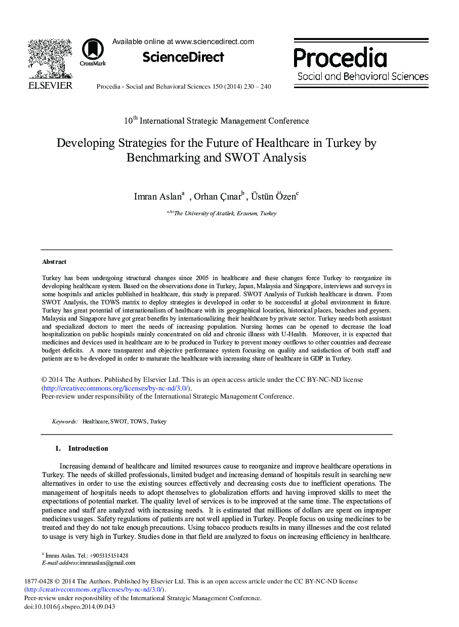 Developing Strategies for the Future of Healthcare in Turkey by Benchmarking and SWOT Analysis 