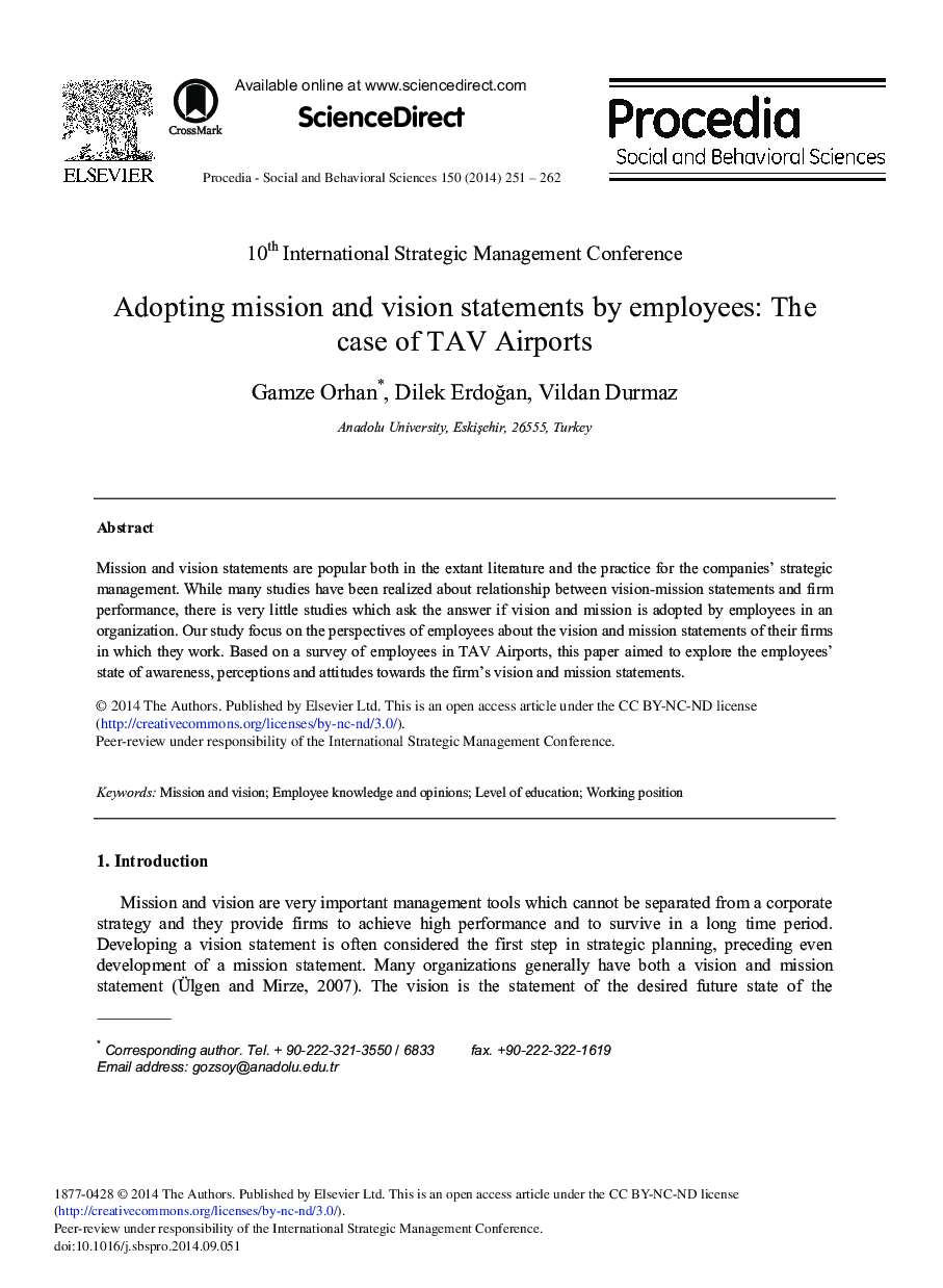 Adopting Mission and Vision Statements by Employees: The Case of TAV Airports 