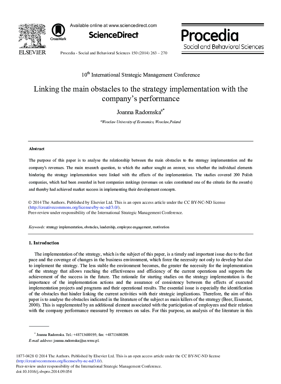 Linking the Main Obstacles to the Strategy Implementation with the Company's Performance 