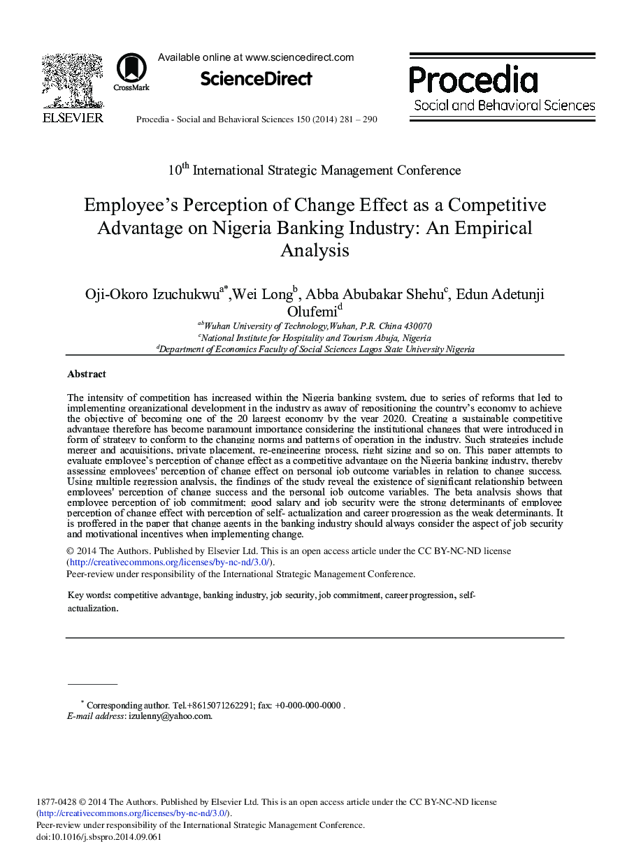 Employee's Perception of Change Effect as a Competitive Advantage on Nigeria Banking Industry: An Empirical Analysis 