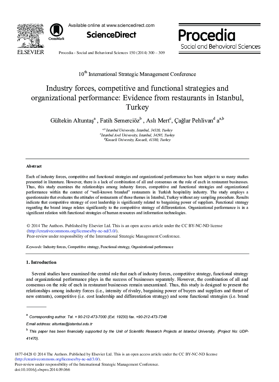 Industry Forces, Competitive and Functional Strategies and Organizational Performance: Evidence from Restaurants in Istanbul, Turkey 