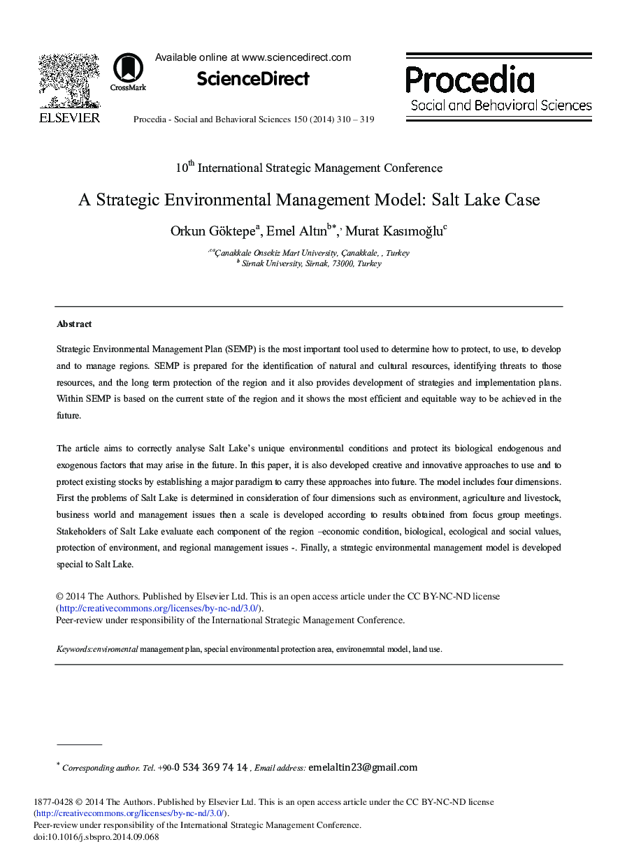 A Strategic Environmental Management Model: Salt Lake Case 