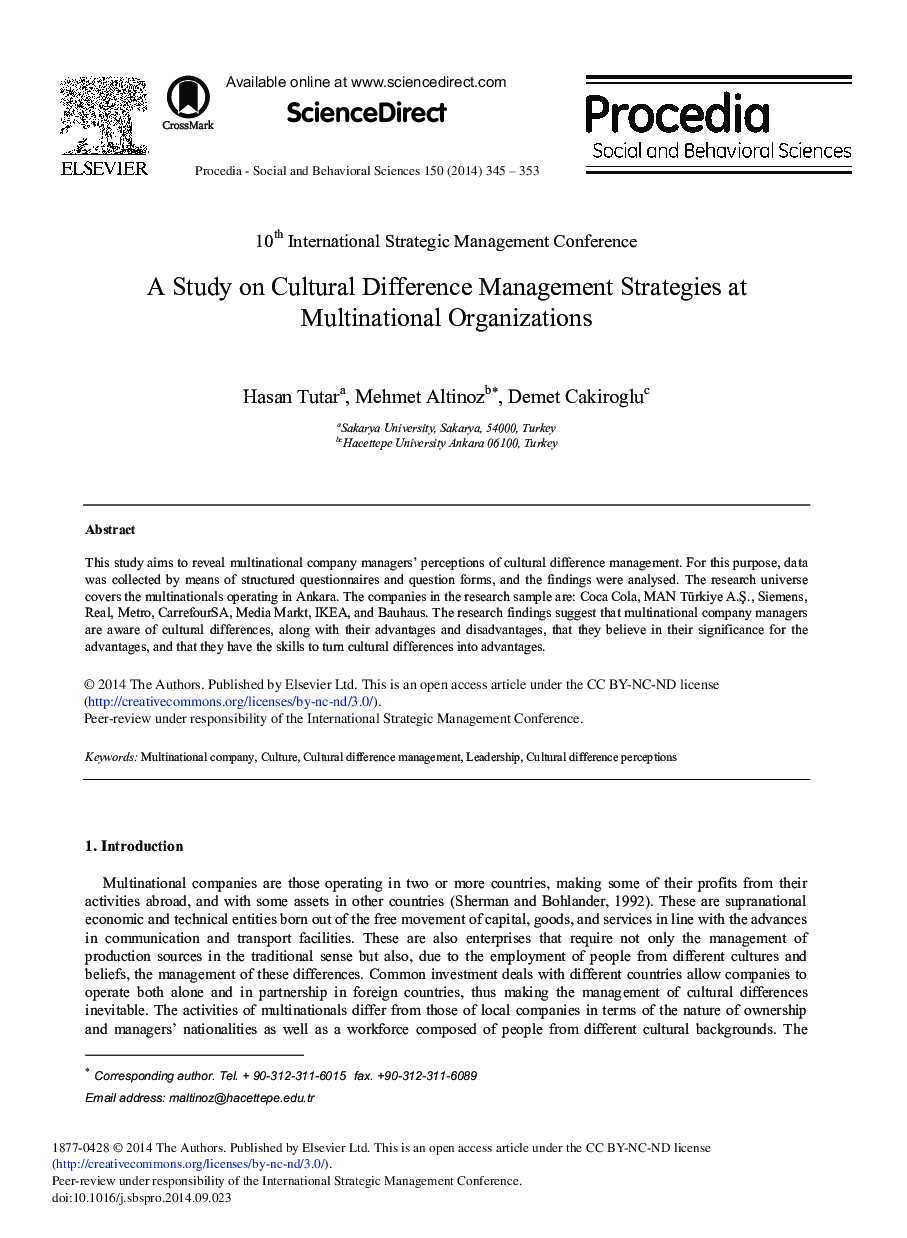 A Study on Cultural Difference Management Strategies at Multinational Organizations 