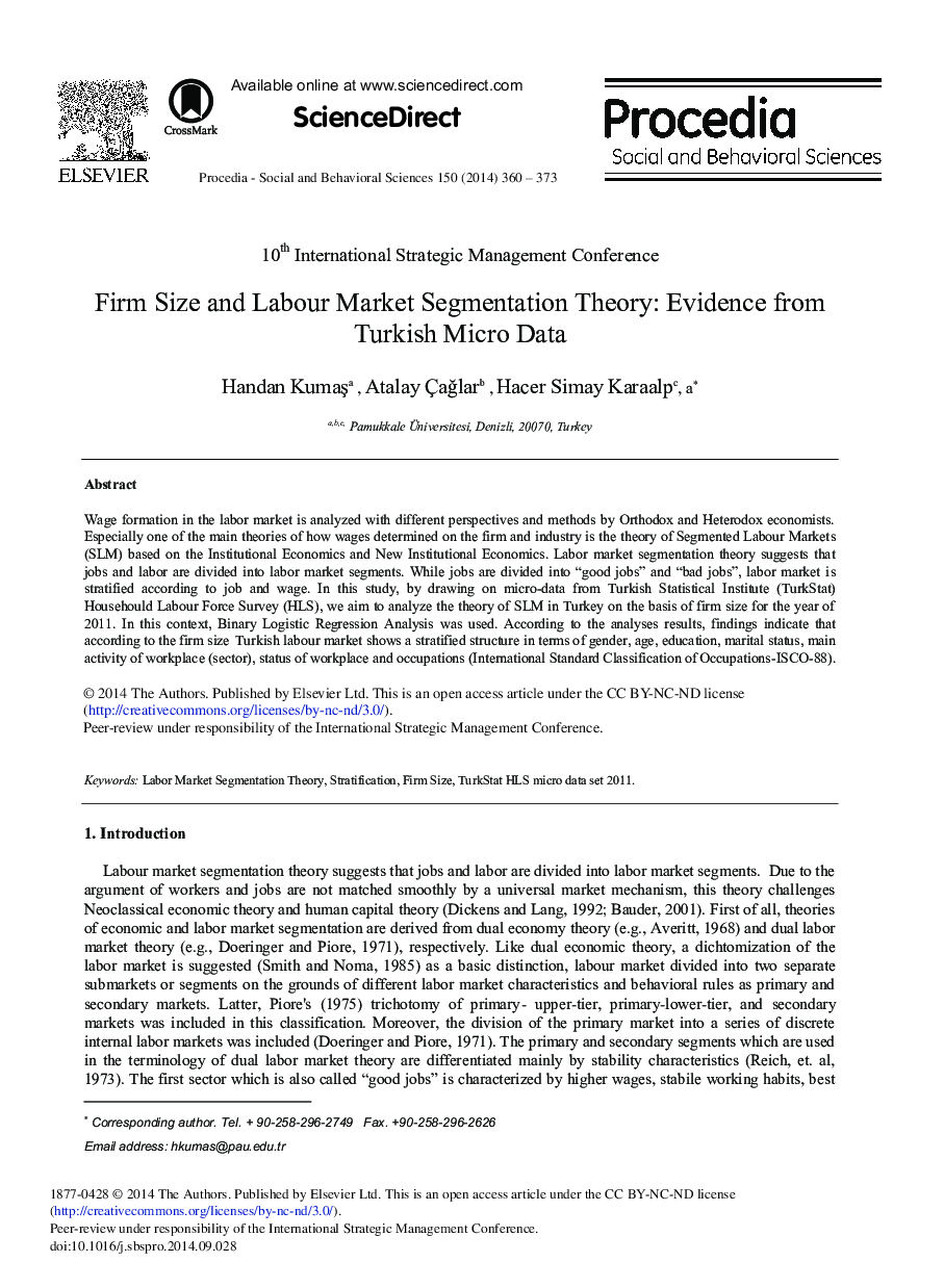 Firm Size and Labour Market Segmentation Theory: Evidence from Turkish Micro Data 