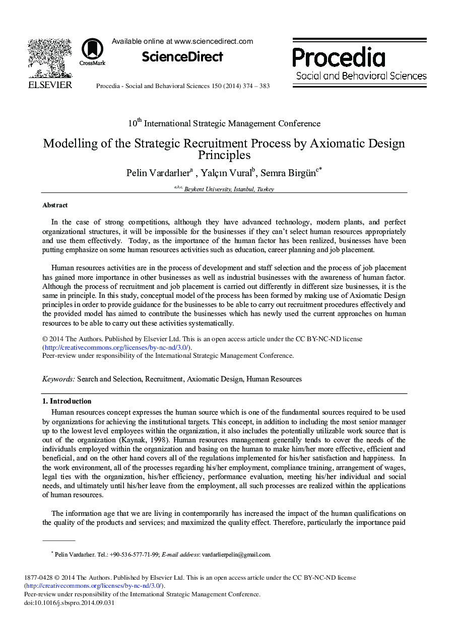 Modelling of the Strategic Recruitment Process by Axiomatic Design Principles 