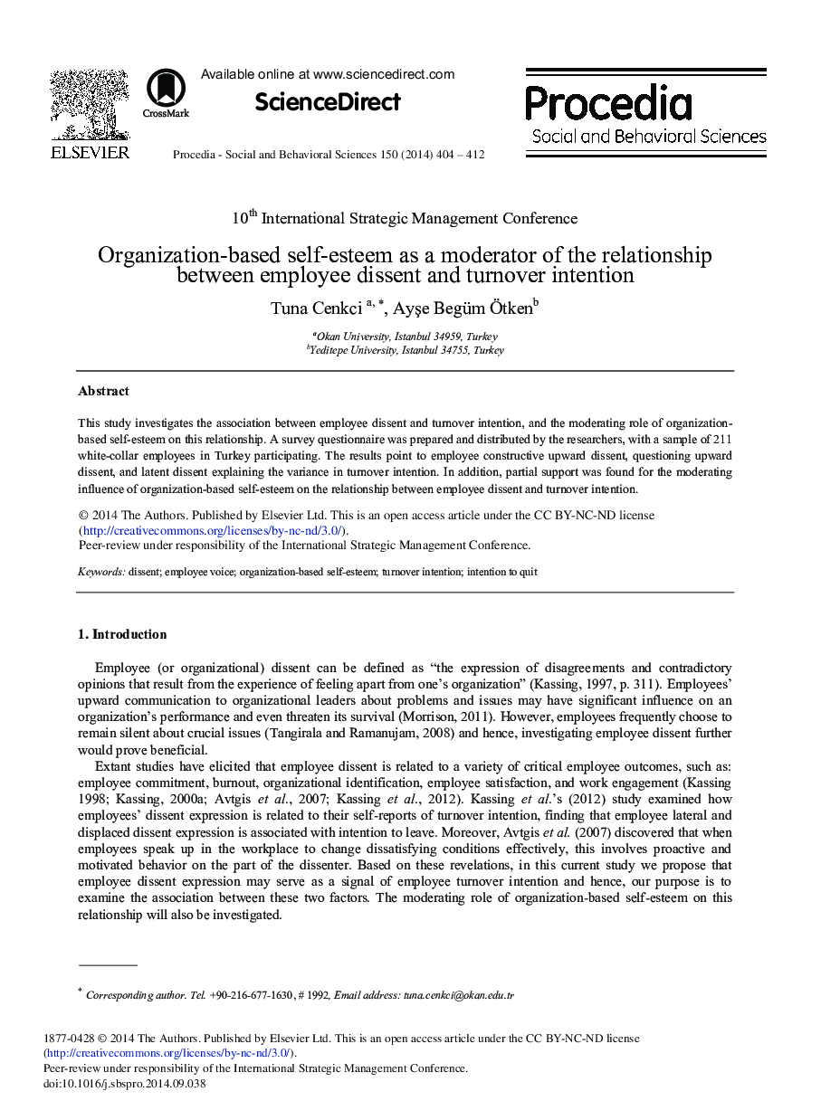 Organization-based Self-esteem as a Moderator of the Relationship between Employee Dissent and Turnover Intention 