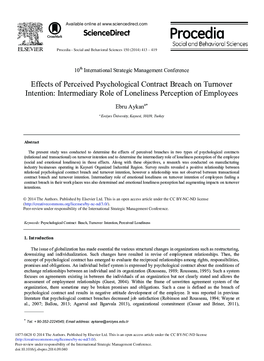 Effects of Perceived Psychological Contract Breach on Turnover Intention: Intermediary Role of Loneliness Perception of Employees 