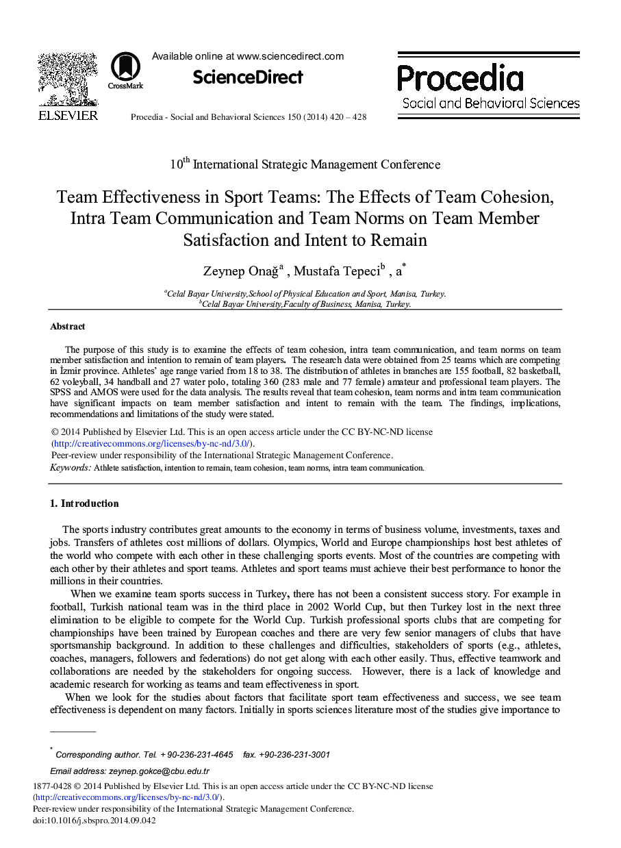 Team Effectiveness in Sport Teams: The Effects of Team Cohesion, Intra Team Communication and Team Norms on Team Member Satisfaction and Intent to Remain 