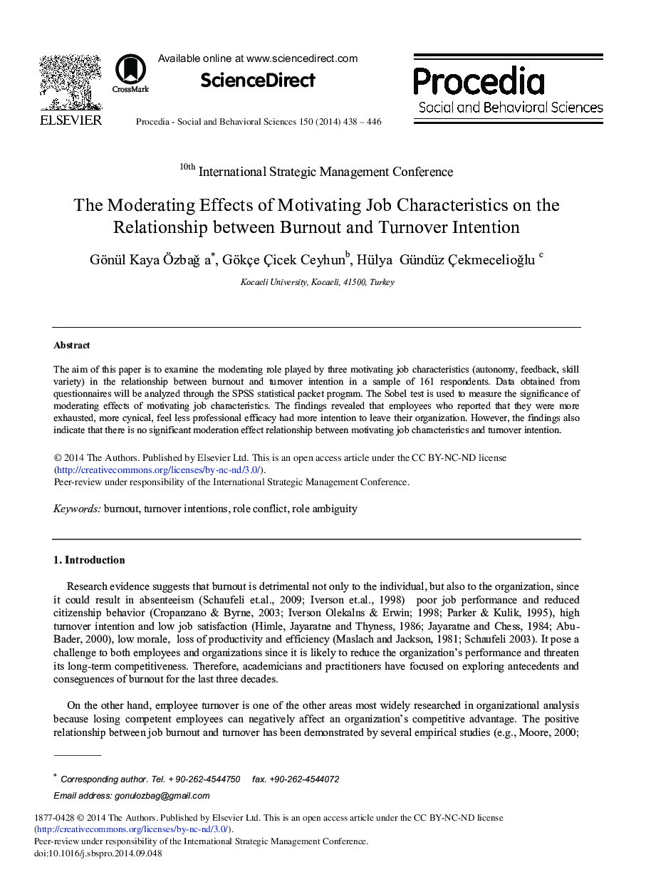 The Moderating Effects of Motivating Job Characteristics on the Relationship between Burnout and Turnover Intention 