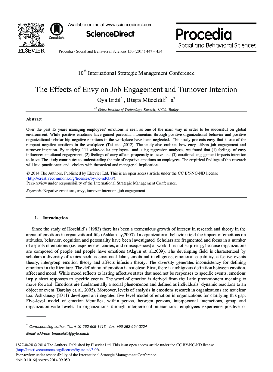 The Effects of Envy on Job Engagement and Turnover Intention 