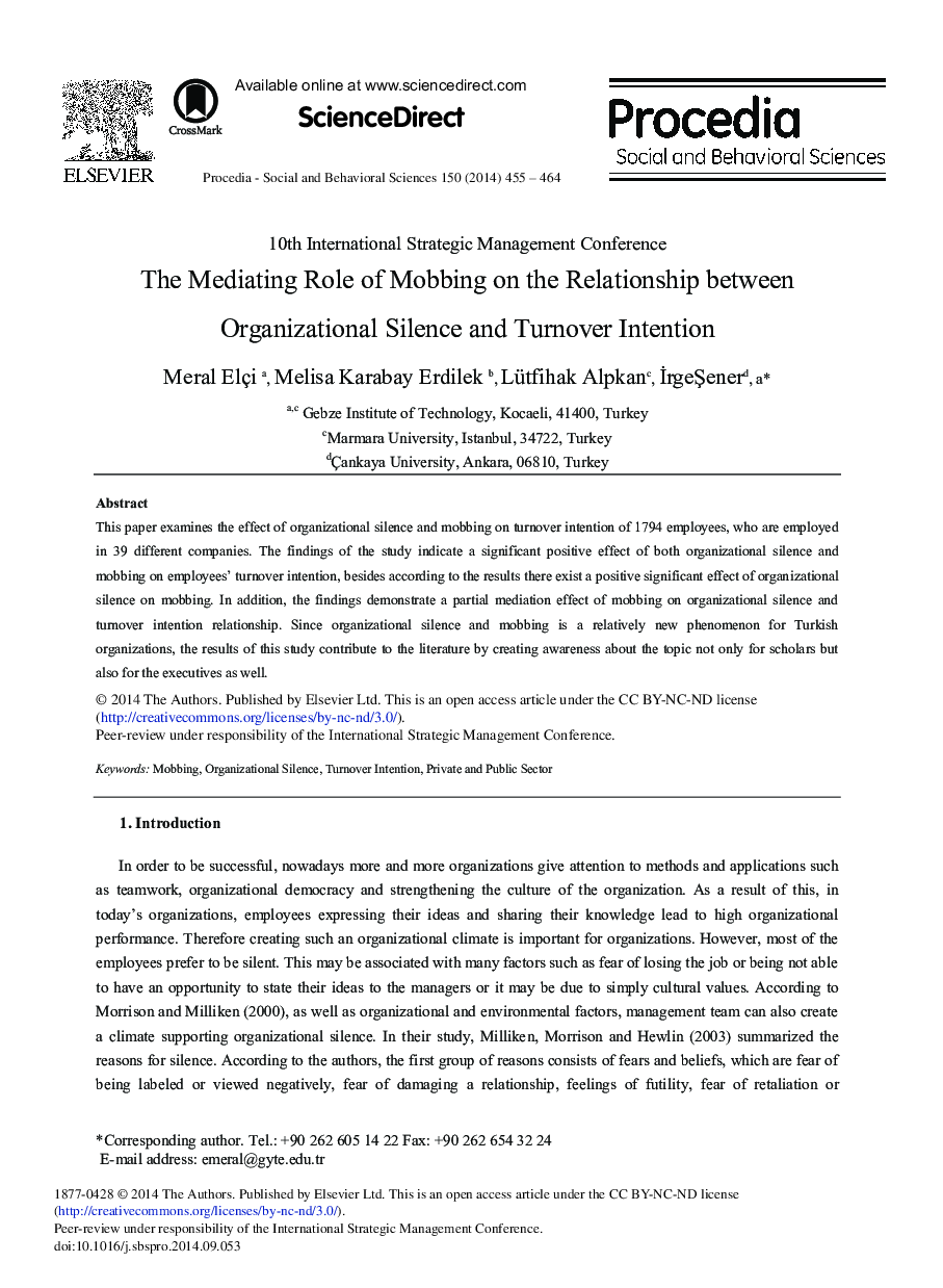 The Mediating Role of Mobbing on the Relationship between Organizational Silence and Turnover Intention 